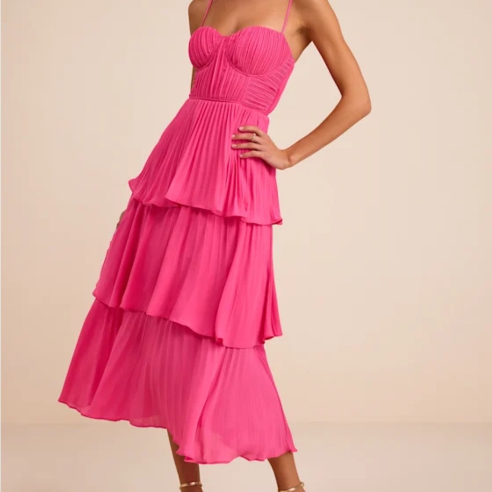 Lulu's Vibrant Pink Tiered Midi Dress
